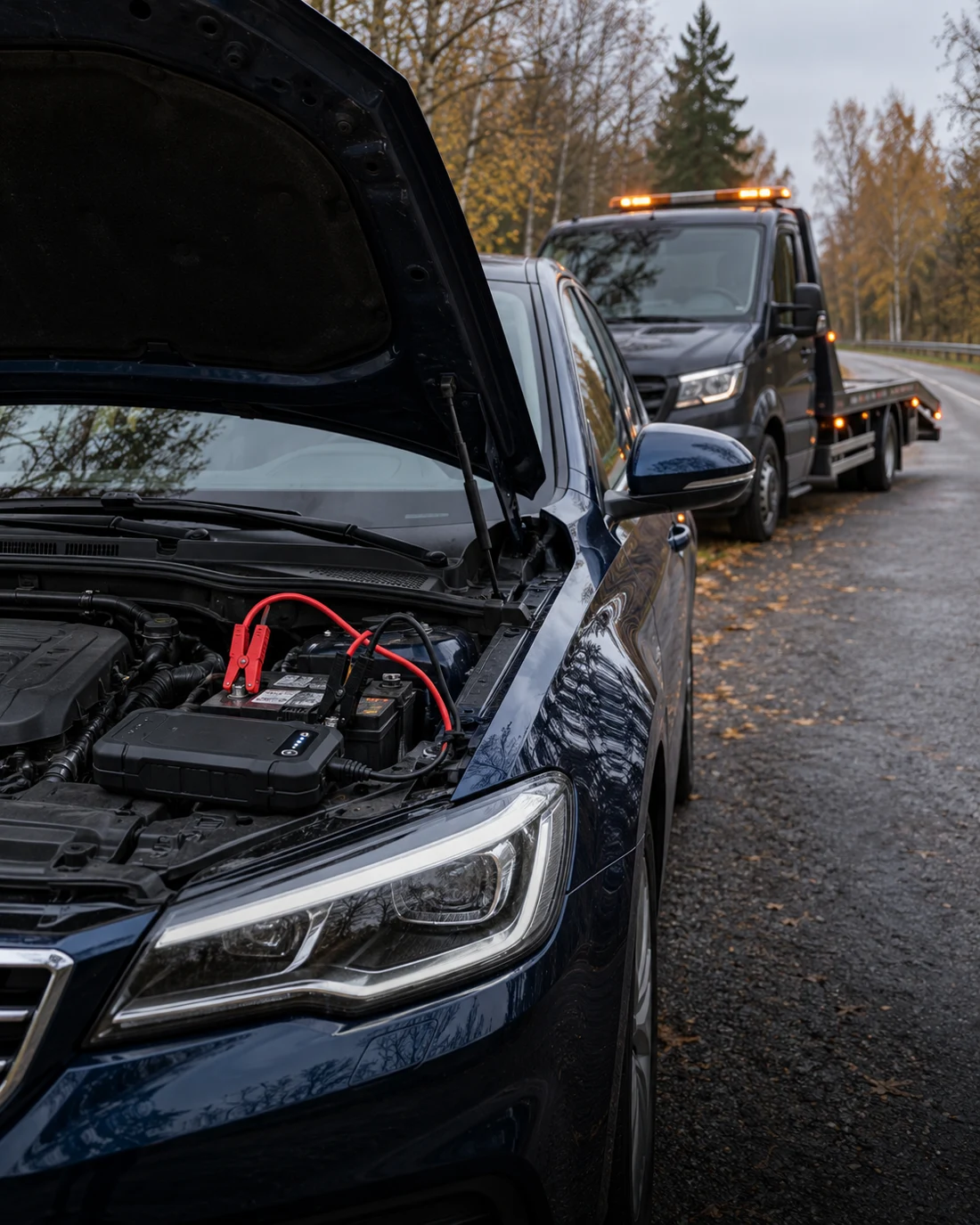 Pagalbos kelyje iliustracija – automobilis su užvedimo įranga ir tralas